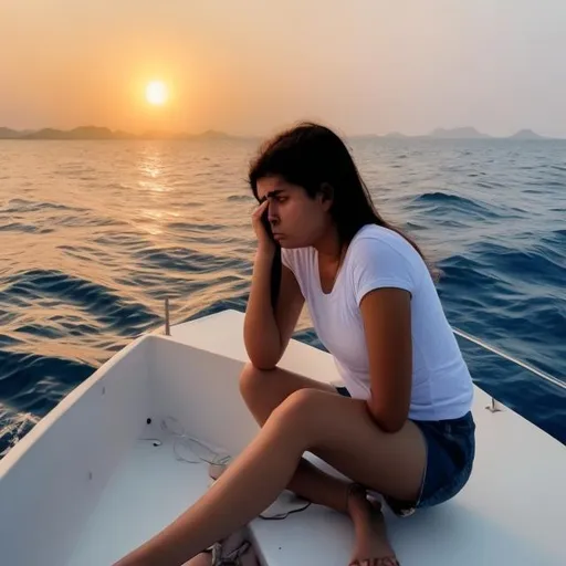 Prompt: A sad girl whose facing sea seating on boat at a evening time