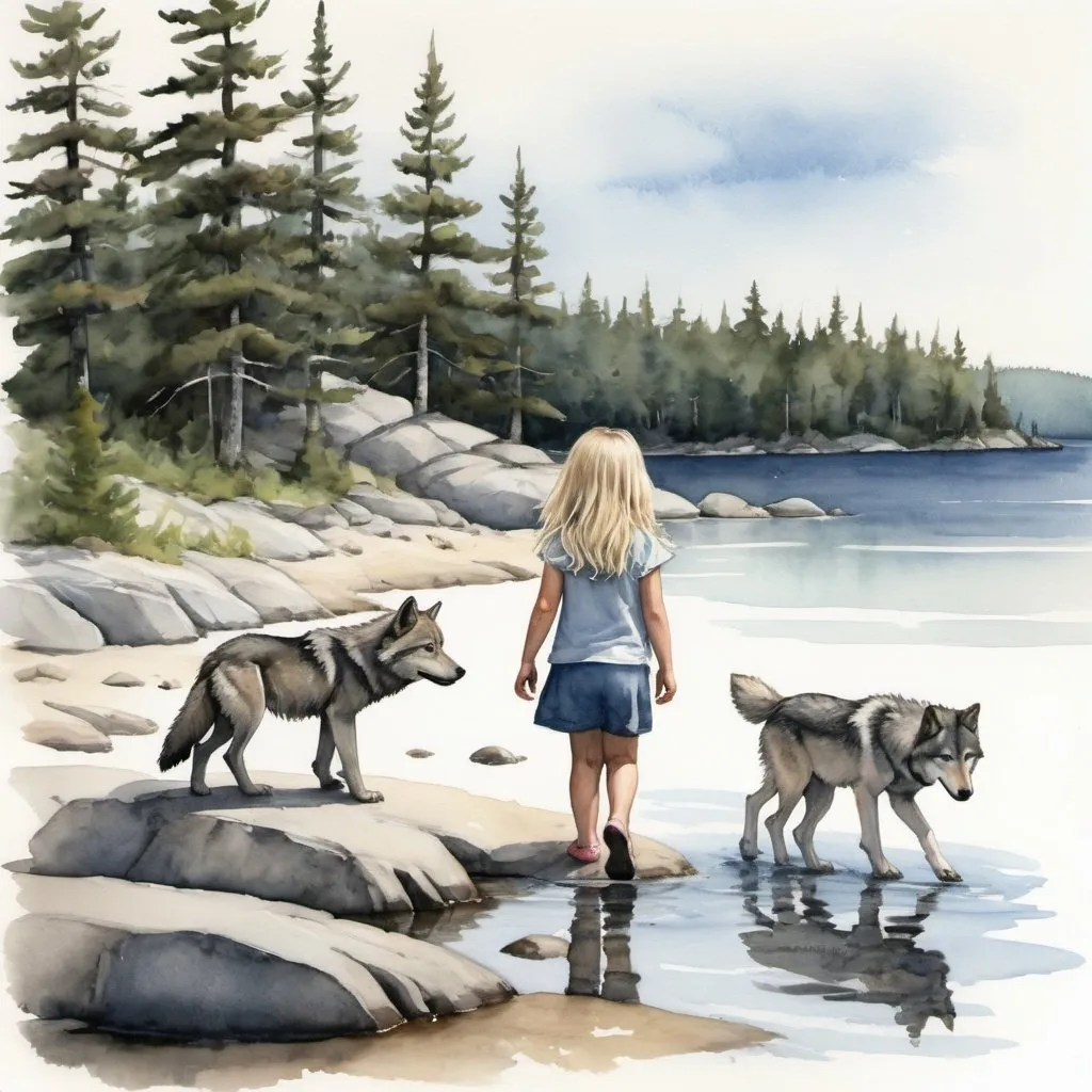 Prompt: littles water colour of a 5 year old girl with white blond, messy, shoulder length hair with a pack of wolves. The wolves and the little girl walk and face the same direction. the little girl leads the wolves along the shores of Georgian bay in Ontario with granite rocks and windswept pines. A loon swims in the water. The little girl will carry a walking stick in her hand. 
