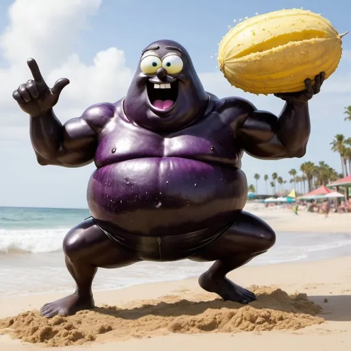 Prompt: a huge black eggplant man pounding into sandy cheeks from spongebob