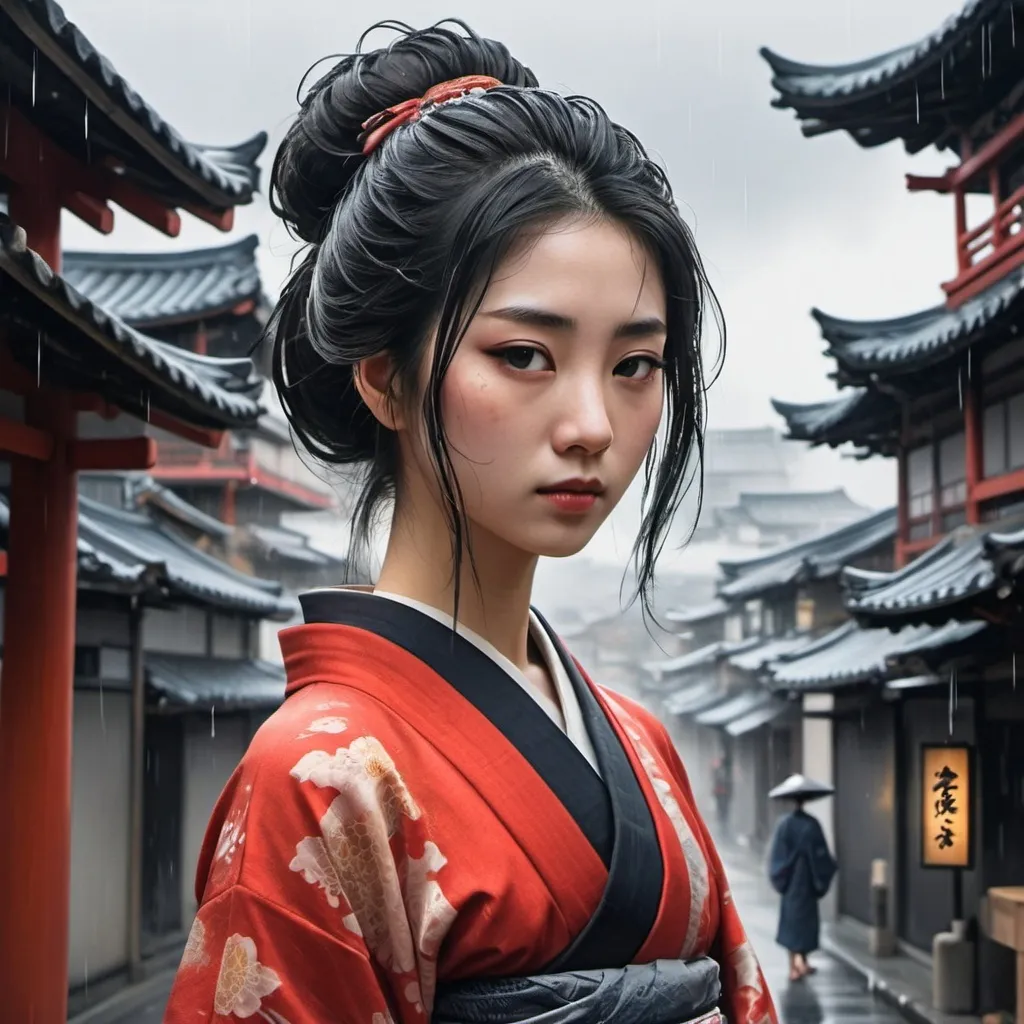 Prompt: (very detailed quality1.3), (masterpiece1.2), (ink wash painting style0.9), urban landscape background, （rich ukiyo-e details1.1）, subtle cyberpunk elements, misty atmosphere, a beautiful girl in a red kimono standing on the street, gazing at the viewer, black and gold patterns on the kimono, stunning facial features, hair flowing softly, （water droplets on hair and face1.15）, abstract cloud patterns in the sky, ambiguous light, faint shadow of a dragon among the clouds, high-definition, ultra-detailed.