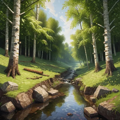 Prompt: minecraft 
Birch and oak forest by a stream, realistic oil painting, dappled sunlight filtering through the trees, rich earthy tones, tranquil atmosphere, detailed bark textures, vibrant green foliage, babbling brook, high quality, realistic, detailed, oil painting, forest landscape, dappled sunlight, tranquil, earthy tones, detailed textures, vibrant foliage, babbling brook, serene atmosphere