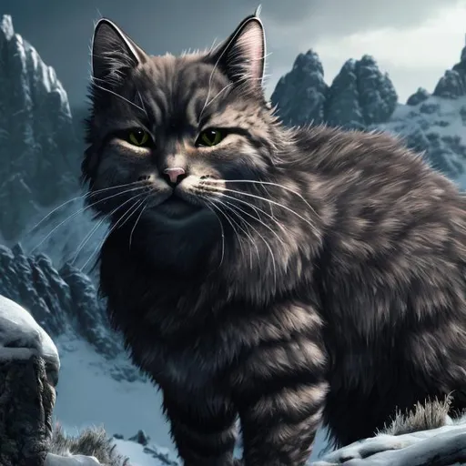 Prompt: Photo-realistic illustration of a majestic cat in the mountains of Skyrim, realistic fur texture, detailed mountain landscape, high quality, ultra-detailed, photo-realistic, Skyrim, cat, detailed fur, mountain landscape, realistic, atmospheric lighting