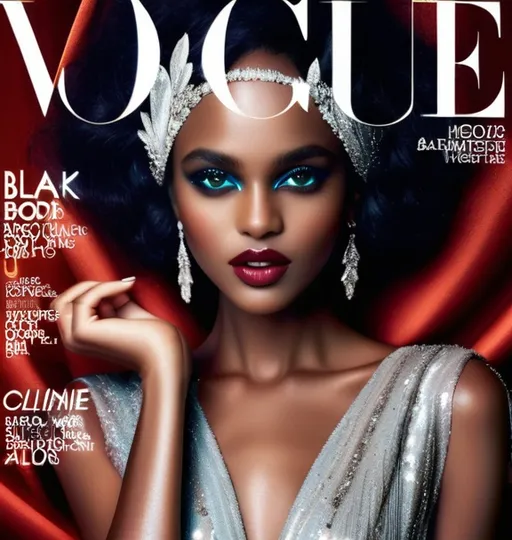 Prompt: (20s Vogue Magazine Cover), ethereal and whimsical, (vibrant color scheme), high-fashion editorial style celebrity (perfect and symmetrical face), striking brown eyes, enchanting expression, pretty lips, luxurious glittery details, magical aesthetic, ultra-detailed, black skin captivating photography with dramatic lighting, alluring atmosphere, cosmopolitan elegance, celebrity fashion icon, full body, stylish and trendy presentation and curly Blackhair.