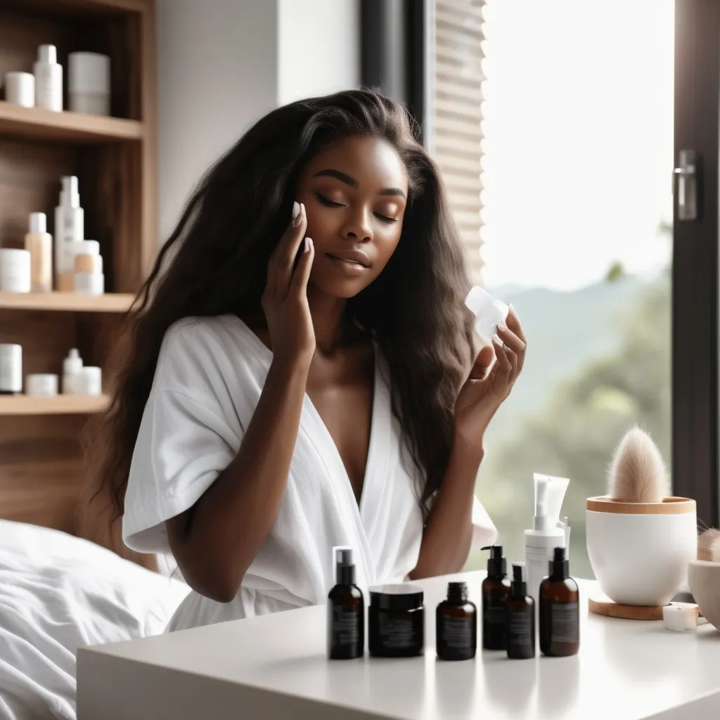 Prompt: Black lady with long hair doing her skincare in her room with natural light and amazing background 