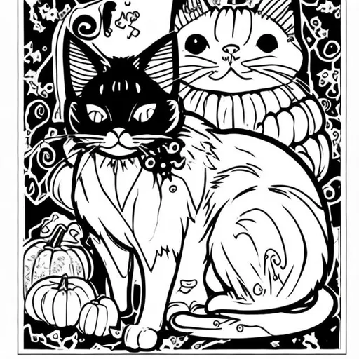 Prompt: Black and white Halloween cat coloring page