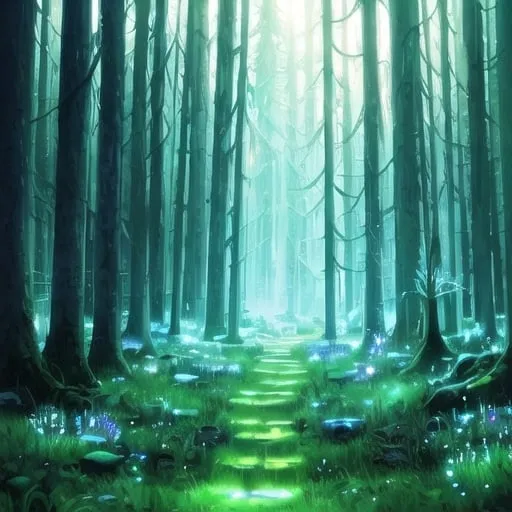 Prompt: Fantasy landscape of a mystical forest, magical glowing path leading into the distance, vibrant and lush foliage, ancient stone ruins covered in moss, ethereal and dreamy atmosphere, high quality, digital painting, fantasy, mystical, vibrant colors, soft glowing light, magical, detailed scenery, serene ambiance