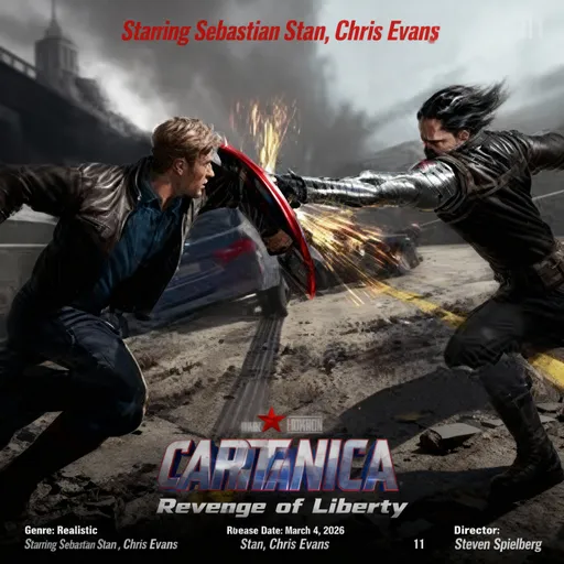 Prompt: create a billboard of a new movie titled: Captain America Revenge of Liberty. Main characters or actors: Sebastian Stan Chris evans. genre: realistic. release date:March 4,2026. director:Steven Spielberg