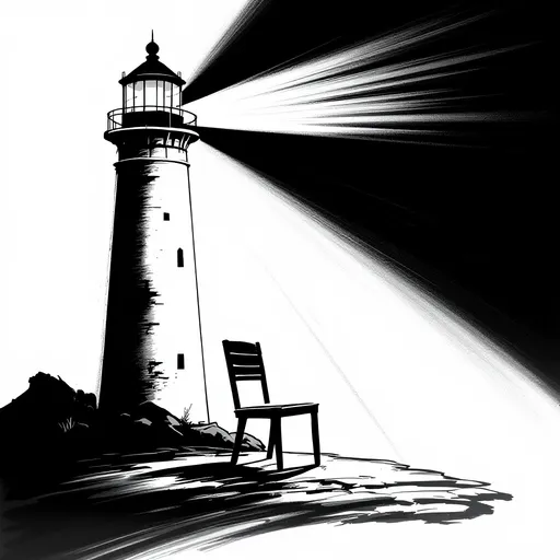 Prompt: Make a logo for a theater group. Name of the theatre group is lighthouse theatre group.

There is a lighthouse. A beam from the lighthouse falls on an empty chair at the base of the lighthouse

Make it abstract and in black and white