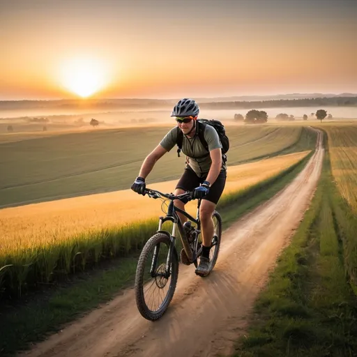 Prompt: mtbo bycicle riding on background of fields and sunrise