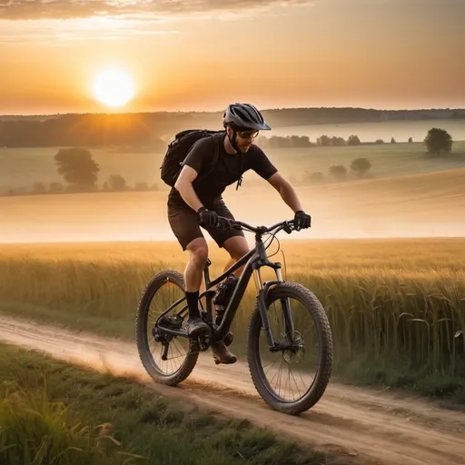 Prompt: mtb bycicle with rider  riding on background of field with sunrise