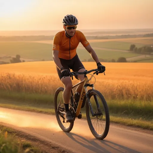 Prompt: mtbo bycicle riding on background of fields and sunrise