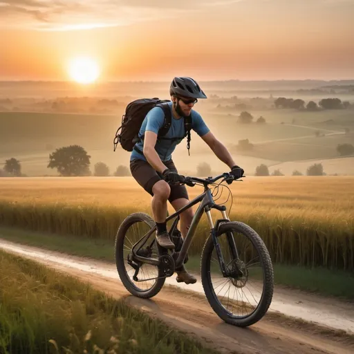 Prompt: mtb bycicle with map holder with rider  riding on background of field with sunrise