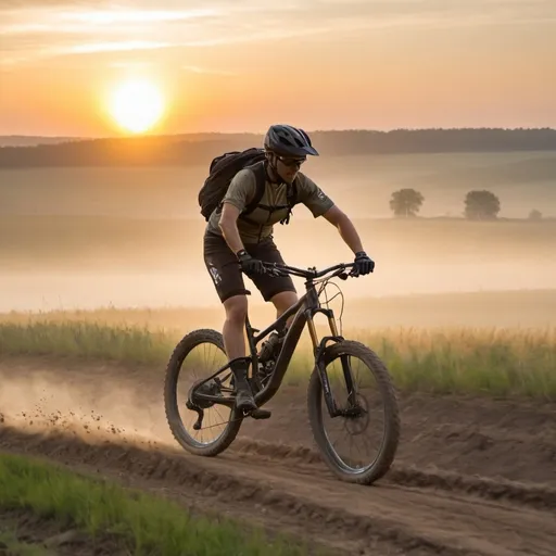 Prompt: mtbo with rider  riding on background of field with sunrise