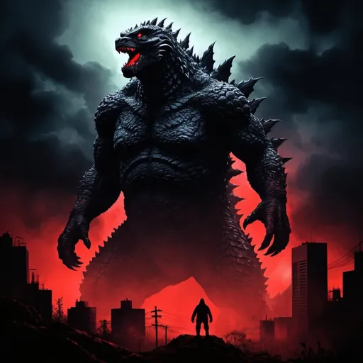Prompt: Creepy digital artwork of a haunting, monstrous Godzilla, eerie mist surrounding, disturbingly detailed, dark and ominous color palette, horror, digital painting, sinister red and deep shadows, glowing red eyes, nightmarish atmosphere, chilling, high contrast, menacing silhouette, unsettling, pixel art, creepy, detailed scales, best quality, atmospheric lighting