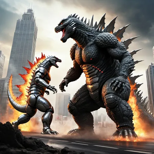 Prompt: Epic showdown between Godzilla and Mechagodzilla, digital illustration, cinematic composition, high quality, realistic, detailed scales and metallic texture, intense battle scene, destructive cityscape, dynamic lighting, dramatic atmosphere, monstrous clash, intense action, realistic rendering, dynamic perspective, epic battle, intense colors, dynamic lighting