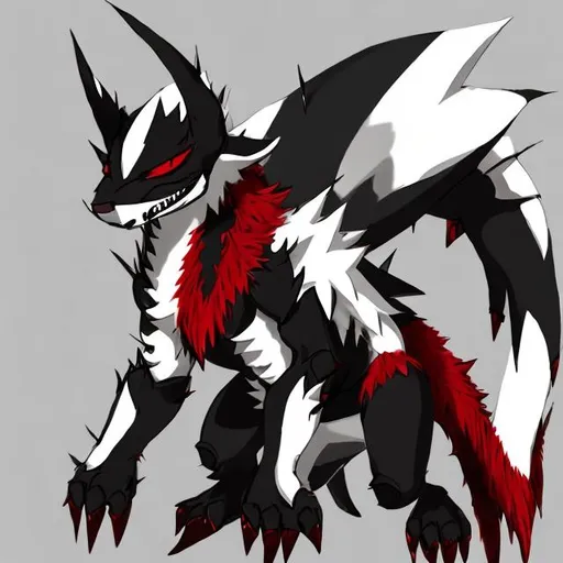 Prompt: black, white, and red protogen dragon furry with highlights, cool with spikey fur, cartoon artstyle
