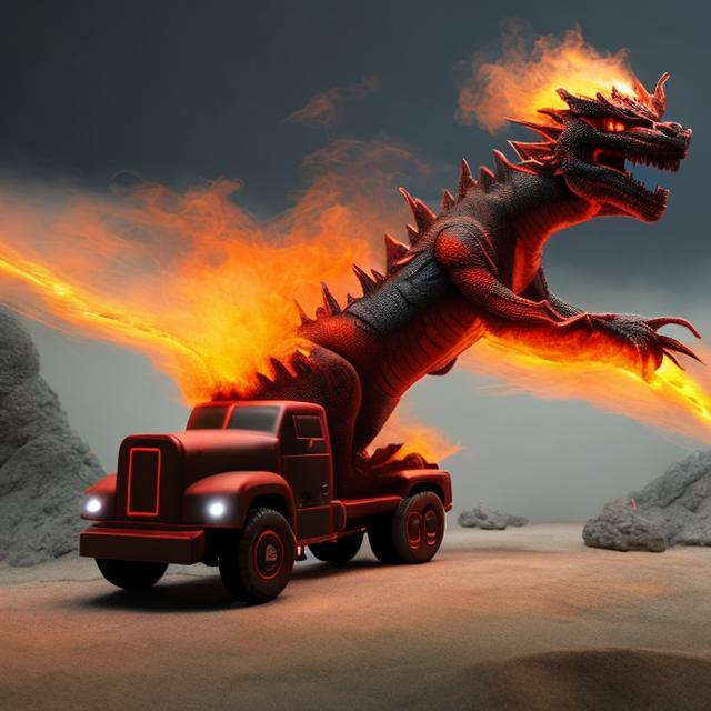 Prompt: create a truck that look like a dragon billowing smoke and fire from its exhaust
