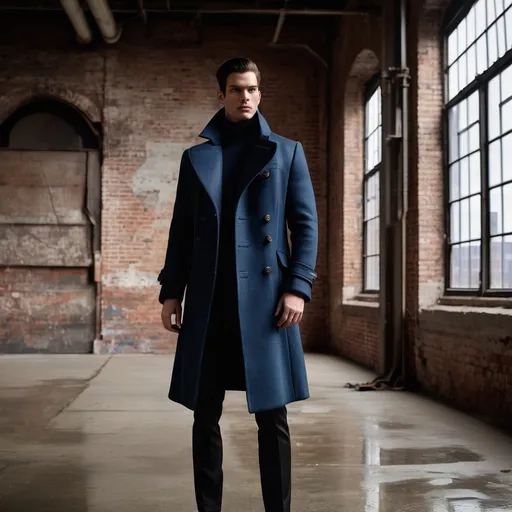 Prompt: Dramatic editorial fashion photograph in an industrial loft space, male model wearing a tailored Prussian blue wool coat with technical details, standing against a weathered brick wall painted battleship grey. Floor-to-ceiling windows, streaming natural light, contemporary furniture pieces in slate grey and black. Cinematic color grading, high fashion photography style, medium format camera aesthetic, inspired by Steven Meisel's work. 8K quality, photorealistic detail."