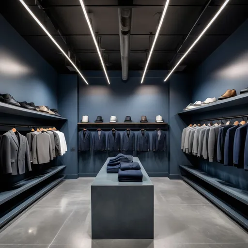 Prompt: "Ultra-modern minimalist luxury menswear boutique interior, soaring battleship grey walls, black steel display fixtures, floating shelves with carefully curated clothing pieces in Prussian blue and slate grey. Crystal-clear glass, polished concrete floors, subtle ambient lighting, dramatic spotlights on key pieces. Wide-angle architectural photograph, sharp details, high contrast, inspired by modernist architecture photography. Hyper-realistic 8K quality.