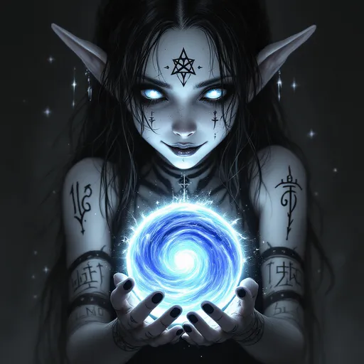 Prompt: A black and white image of a female “gnome” from dungeons and dragons with runes on her arms and cheek and is a vampire with her arms wrapped around a planet in the style of Yoshitaka Amano