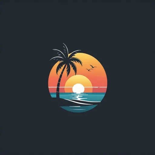 Prompt: Create a minimalist logo design. Include a palm tree next to ocean water and a setting sun
