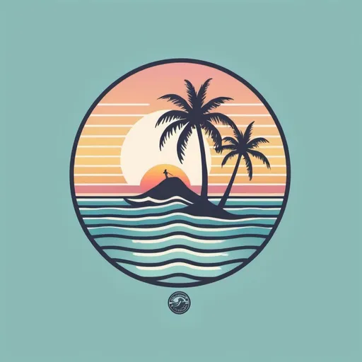 Prompt: Create a minimalist logo design. Include a coconut tree next to ocean water and a setting sun. Use pastel colors and a retro surf/skate brand aesthetic 
