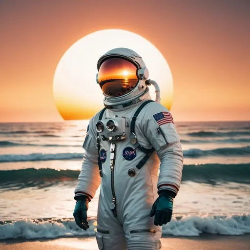 Prompt: an astronaut standing in front of a sun setting over the ocean, retro surf aesthetic 