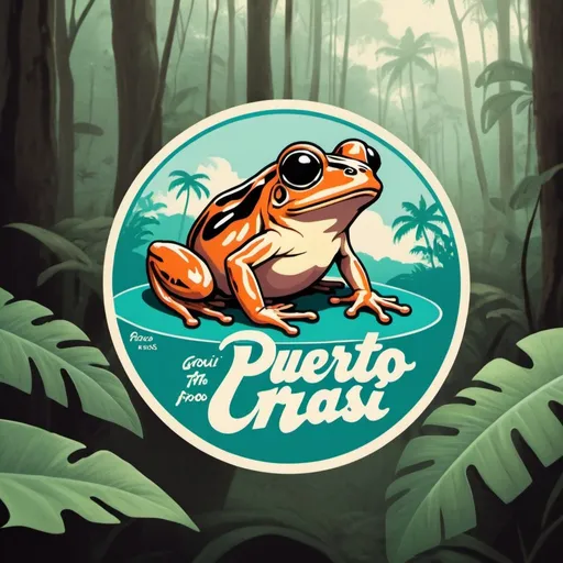 Prompt: Create a logo design. A Puerto Rican coqui frog in the forest. Use pastel colors and a retro surf brand aesthetic 
