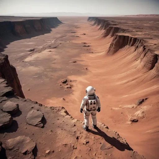 Prompt: an astronaut standing on a barren mars-like landscape at the edge of a cliff looking down into the depths