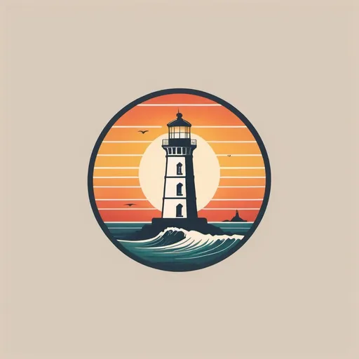 Prompt: design a minimalist logo. the sun setting behind a lighthouse. Retro surf aesthetic 
