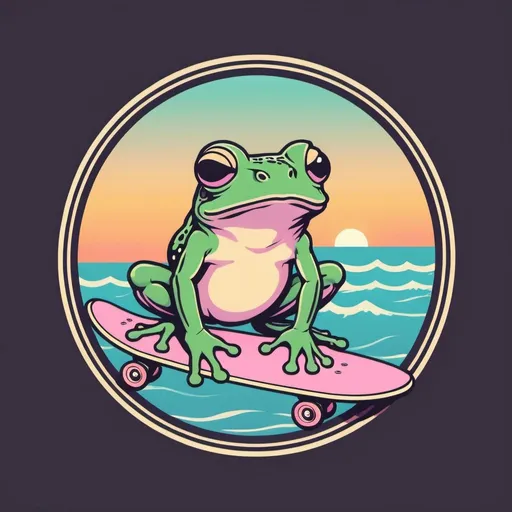 Prompt: Create a logo design. A coqui frog looks forward. In one eye is the setting sun and the other the ocean. Use pastel colors and a retro surf/skate brand aesthetic 
