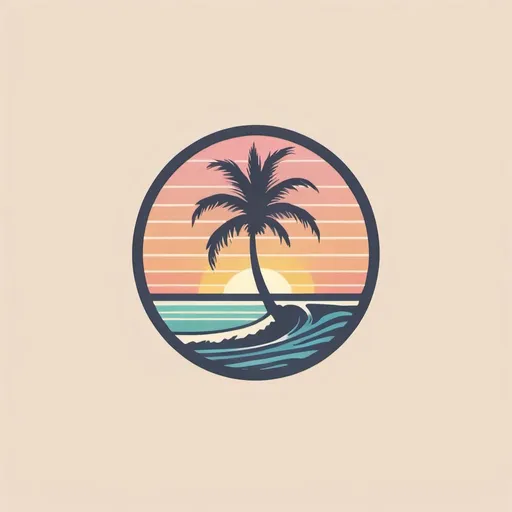Prompt: Create a minimalist logo design. Include a palm tree next to ocean water and a setting sun. Use pastel colors and a retro surf/skate brand aesthetic 
