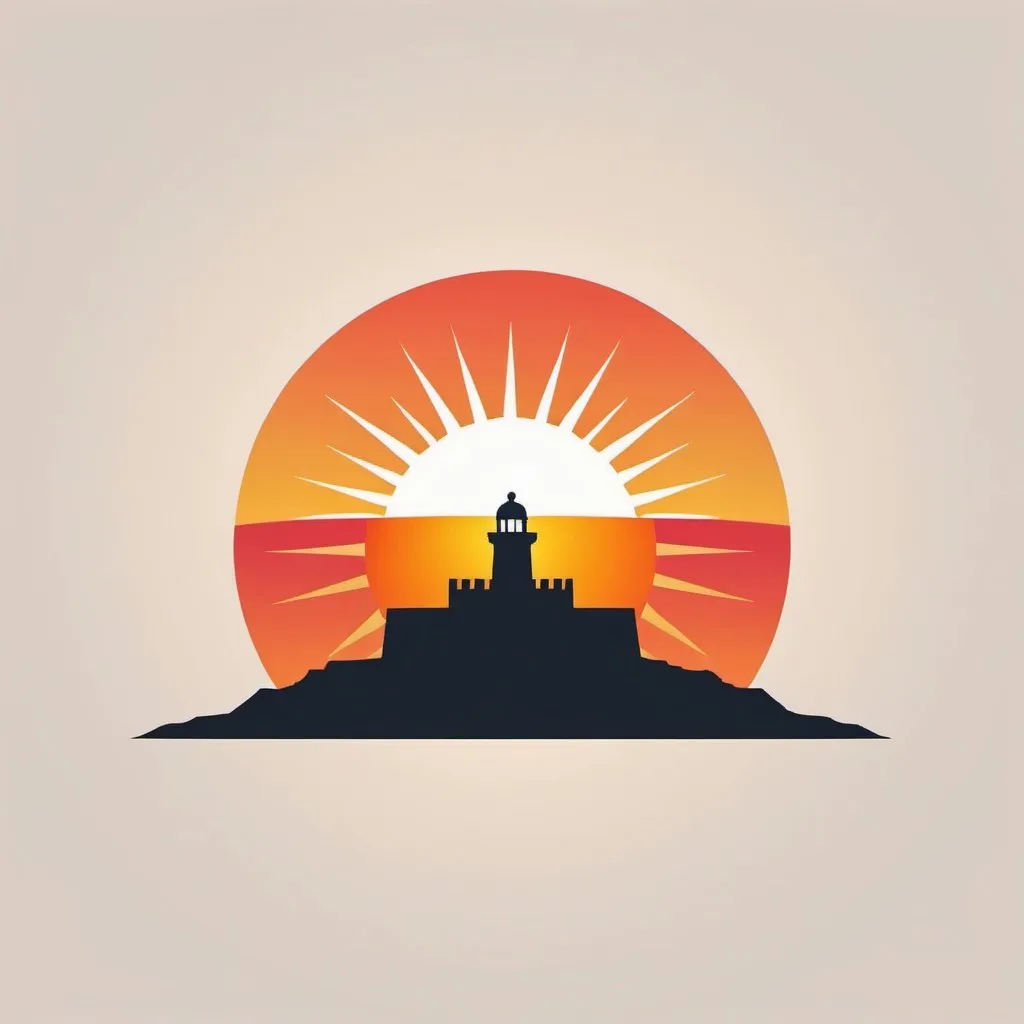 Prompt: design a minimalist logo. the sun setting behind el morro in puerto rico