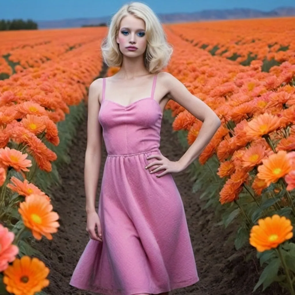 Prompt: beautiful blue skinned blonde, with brown eyes in a pink dress, with a field of orange flowers in the background.