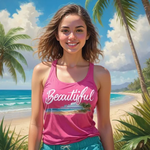 Prompt: the word beautiful as a young woman, in a pink tank top and shorts with a tropical beach in the background