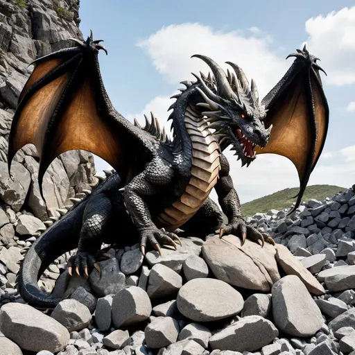 Prompt: large dragon with a rock like scales, in the middle of a rock pile