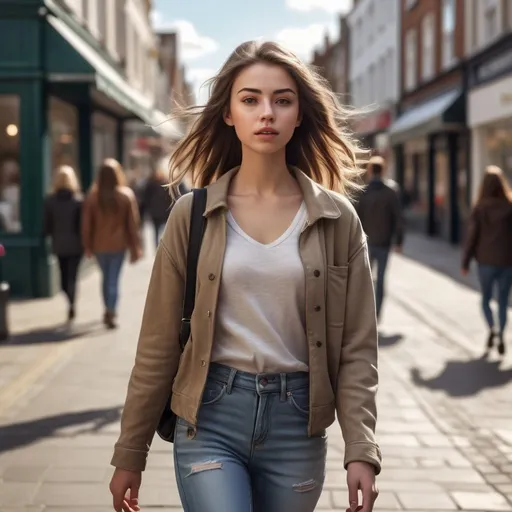 Prompt: adorable young woman walking down the high street, detailed clothing, realistic, natural lighting, high quality, realistic, detailed, urban, street fashion, natural lighting