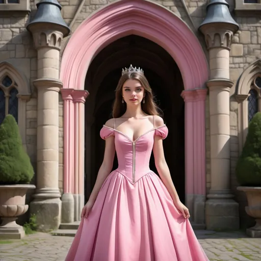 Prompt: a very pretty princess in a pink dress, with a low neckline in a castle courtyard, with a big door in the background.