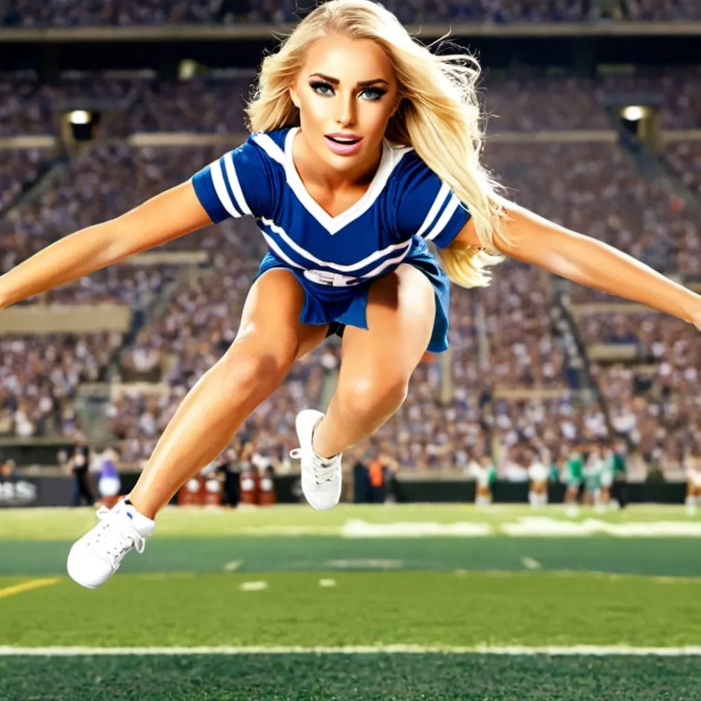 Prompt: blonde cheerleader, in a blue uniform, jumping across a big open field with a stadium in the background