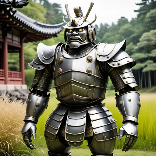 Prompt: a metal golem, in the style of an ancient suit of samurai armor, outside and ancient Asian building, with a forest of grass in the background.