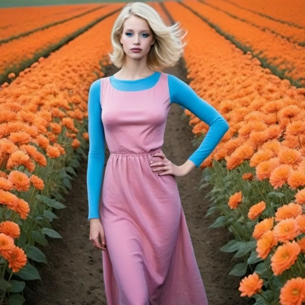 Prompt: beautiful blue skinned blonde, with brown eyes in a pink dress, with a field of orange flowers in the background.