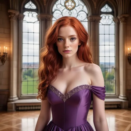 Prompt: the words incredible beauty as a woman with red hair and brown eyes, in a purple dress in a castle ballroom, with a big window in the background