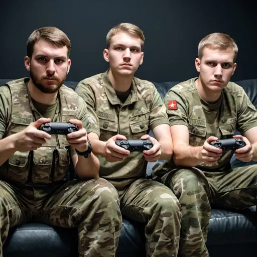 Prompt: 3 gamers sitting on a couch in camouflaged military clothes and controllers in their hands looking to the front