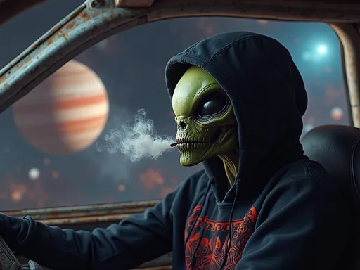 Prompt: Demon Alien wearing black hoodie smoking dmt in space driving by Saturn in cockpit of spaceship with grateful dead art and sacredgeometry everywhere
