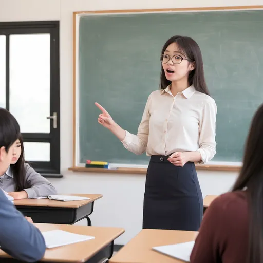 Prompt: a female 
teacher is lecturing in the class