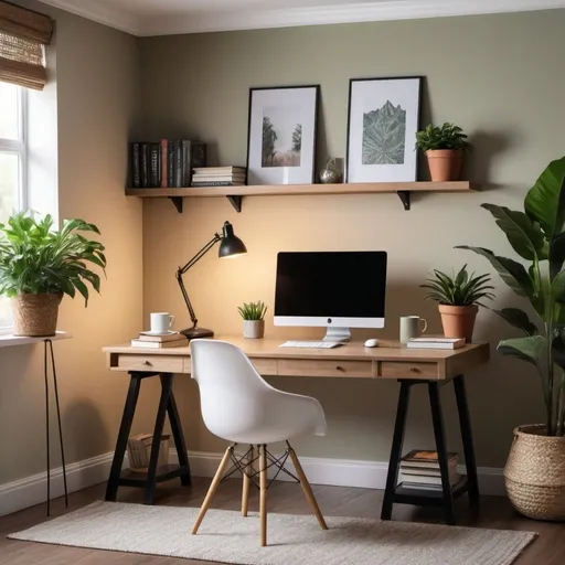 Prompt: Design a professional yet cozy Microsoft Teams meeting background. The setting should be a well-organized home office with a wooden desk, a comfortable chair, and a laptop. Include elements like a coffee mug, a small potted plant, and a few books on the desk. In the background, add a softly lit bookshelf with more books, a few decorative items, and a framed picture on the wall. The color scheme should include warm neutrals like beige, soft browns, and muted greens to create a welcoming and professional atmosphere. The image should be in landscape orientation with a resolution of 1920x1080 pixels for high-quality display. Ensure the image is clear and well-lit, with a balance of natural and soft artificial lighting to enhance the cozy feel