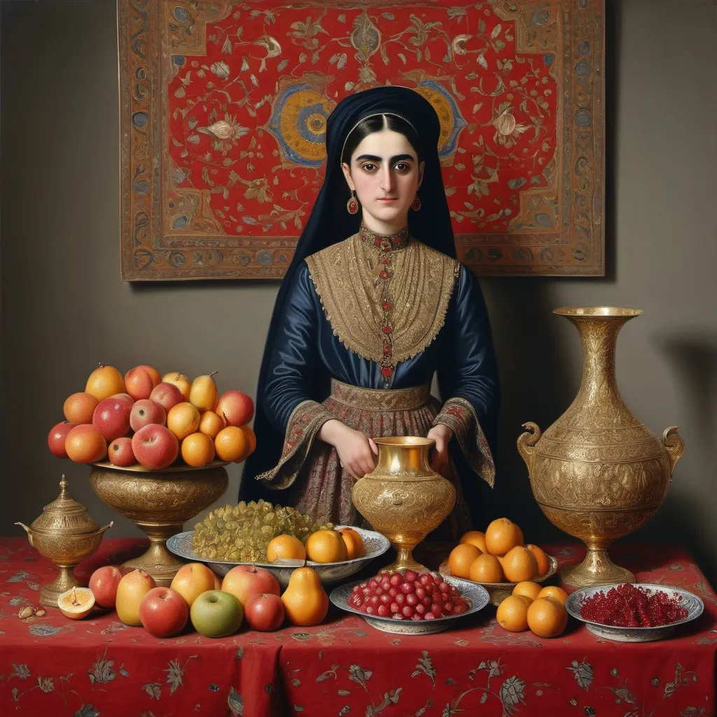 Prompt: a woman standing behind a table covered in food and fruit, with a red table cloth on it, with a gold vase and a gold vase, Abdullah Gërguri, qajar art, orientalism, a still life