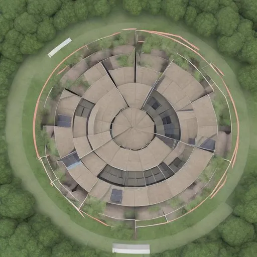 Prompt: indigenous school, shape is a filled circle, the roof should be made up of glass,
3D, aerial view
