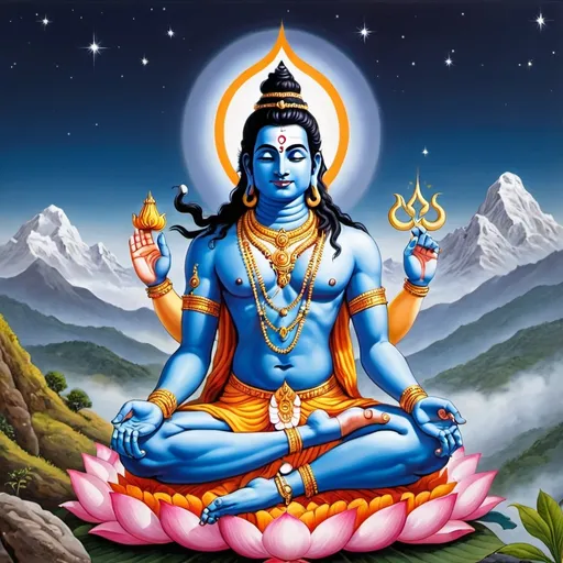 Prompt: Shiva calmly meditating in the mountains, a small cresent moon near his forehead where three white lines cross this third eye, one hand held up showing his open palm which shows a tiny shining star, the other resting on his knee, sitting in lotus posture withhis cobra wrapped around his neck and his trident and his well decorated bull Nandi standing in the background. The mantra "OM NAMAHA SHIVAYA" is shown at the bottom of the image., 
