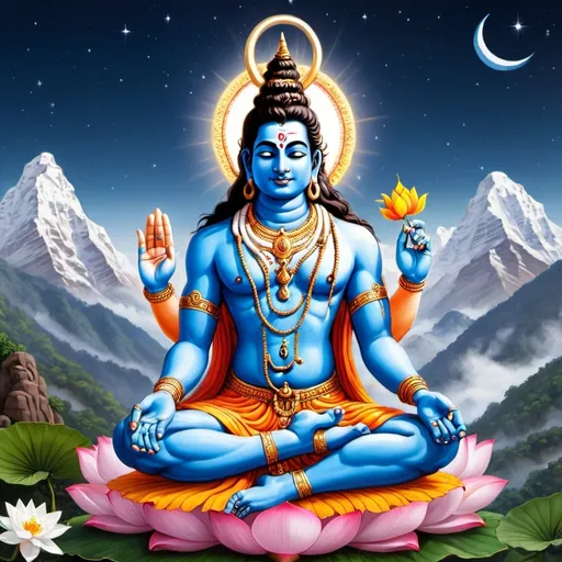 Prompt: Shiva calmly meditating in the mountains, a small cresent moon near his forehead where three white lines cross this third eye, one hand held up showing his open palm which shows a tiny shining star, the other resting on his knee, sitting in lotus posture withhis cobra wrapped around his neck and his trident and his well decorated bull Nandi standing in the background. The mantra "OM NAMAHA SHIVAYA" is shown at the bottom of the image., 
